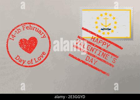 Enveloppe de timbre-poste avec drapeau des États-Unis du Rhode Island et timbres de la Saint-Valentin, vecteur Illustration de Vecteur