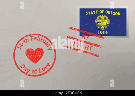Enveloppe de timbre-poste avec drapeau des États-Unis de l'Oregon et timbres de la Saint-Valentin, vecteur Illustration de Vecteur