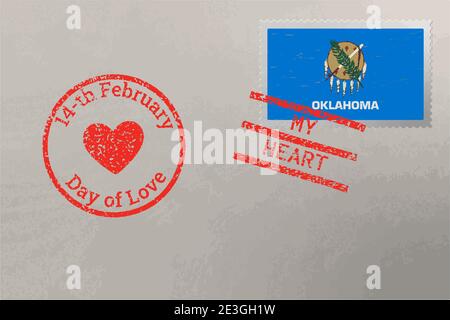 Enveloppe de timbre-poste avec drapeau des États-Unis d'Oklahoma et timbres de la Saint-Valentin, vecteur Illustration de Vecteur