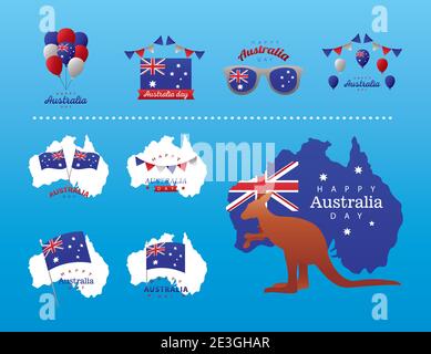 ensemble d'icônes de joyeuse célébration de la fête de l'australie motif vectoriel Illustration de Vecteur
