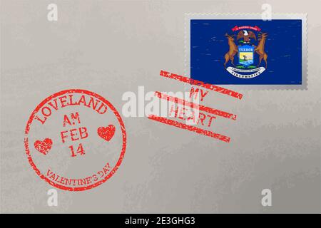 Enveloppe de timbre-poste avec drapeau des États-Unis du Michigan et timbres de la Saint-Valentin, vecteur Illustration de Vecteur