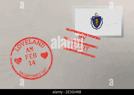Enveloppe de timbre-poste avec drapeau des États-Unis du Massachusetts et timbres de la Saint-Valentin, vecteur Illustration de Vecteur