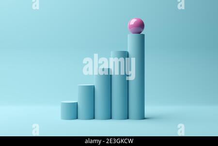 Sphère rose sur le graphique à barres montant des cylindres sur fond bleu, abstrait moderne succès minimal, croissance, progrès ou réalisation concept, 3D illustrae Banque D'Images