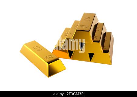 Lingots d'or brillant ou barres pyramide avec une seule barre d'or devant sur fond blanc - métal précieux ou investissement d'argent concept, illustration 3D Banque D'Images