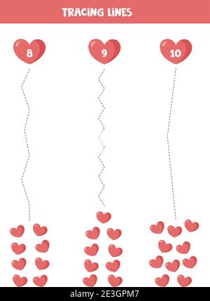 Traçage de lignes avec mignon dessin animé coeur de Valentin. Tracer et compter. Illustration de Vecteur