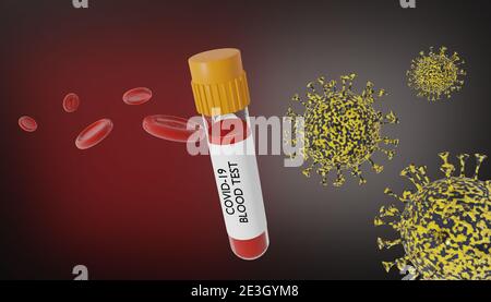 Rendu 3D du coronavirus et des globules rouges et test Covid-19. Concept médical d'épidémie virale potentiellement mortelle.illustration numérique de l'image. Banque D'Images