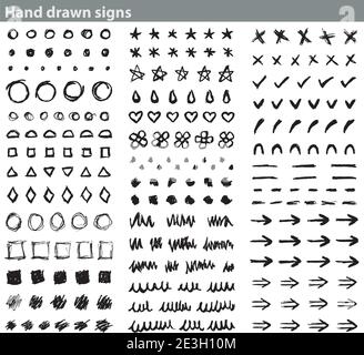 Ensemble de signes simples dessinés à la main: Flèches, lignes, figures géométriques, symboles ... Illustration de Vecteur