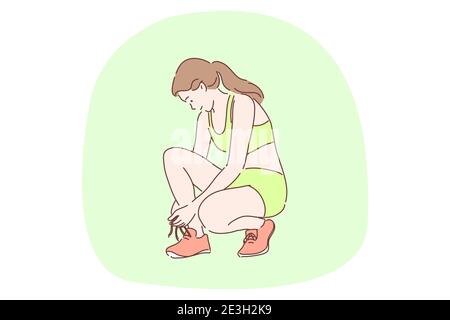 Sport, athlétisme, concept d'entraînement. Jeune femme heureuse athlète ado personnage de dessin animé nouant des lacets sur les baskets à l'extérieur se préparant à la course. Profession Illustration de Vecteur