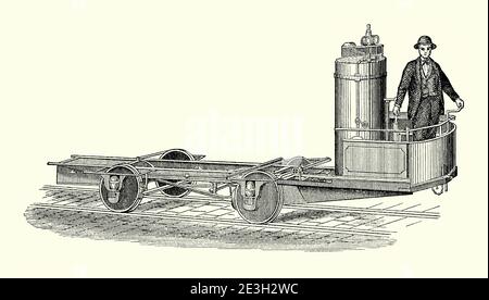 Une ancienne gravure du fonctionnement du wagon à vapeur Baxter dans les années 1800, un châssis de camion, de tramway ou de tramway qui était alimenté par un moteur à vapeur. Il est issu d'un livre victorien d'ingénierie mécanique des années 1880. Le moteur à vapeur est vertical et situé à l'avant du véhicule et le moteur à double effet composé est placé sous la plate-forme avant. Baxter Steam Engines a été conçu par William Baxter de New York, États-Unis. Beaucoup ont été construits sous contrat par l'usine Colt Fire Arms à Hartford, Connecticut, États-Unis. Banque D'Images