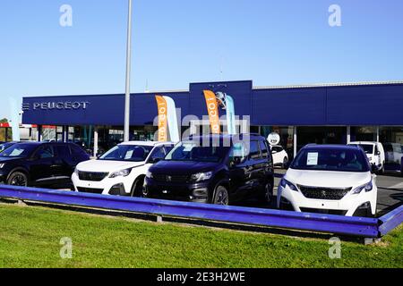 Bordeaux , Aquitaine France - 11 21 2020 : Peugeot parking concessionnaire logo véhicule marque boutique automobile française Banque D'Images