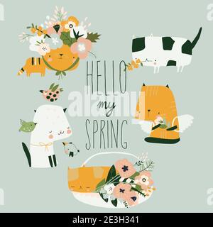 Ensemble de dessins animés de chats drôles avec fleurs de printemps Illustration de Vecteur