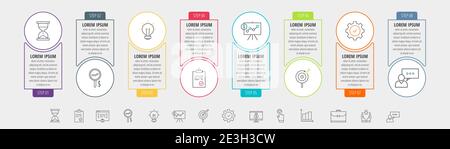 Infographie sur les lignes vectorielles des cercles avec icônes en 8 étapes. Chronologie utilisée pour les graphiques, le Web, la bannière, la mise en page du flux de travail, les présentations, organigramme, graphique d'informations Illustration de Vecteur