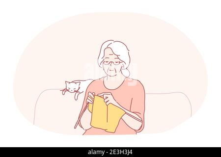 Tricotage, hobbies des personnes âgées concept. Femme âgée souriante aux cheveux gris grand-mère assis et tricotage foulard de laine sur le canapé avec couchage c Illustration de Vecteur
