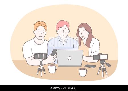 Blog, vlogging, partage de contenu vidéo en ligne concept. Des personnages de dessin animé pour adolescents, garçons et filles, assis avec des appareils photo pour smartphone sur des trépieds et un ordinateur portable Illustration de Vecteur