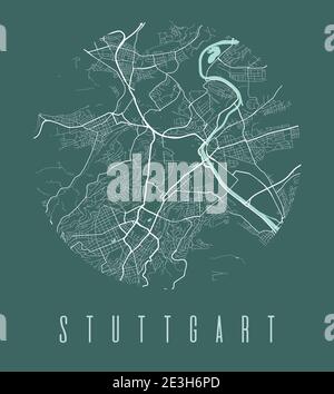Affiche de la carte de Stuttgart. Plan de la ville de Stuttgart au design décoratif. Panorama urbain aria silhouette vue aérienne, style typographique. Terre, rivière, a Illustration de Vecteur