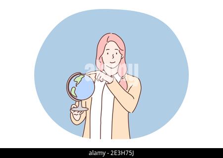 Éducation, enseignement, géographie, concept de symbole de la mondialisation. Jeune femme fille enseignant personnage de dessin animé debout dans la classe tient le globe dans la main. Taché Illustration de Vecteur