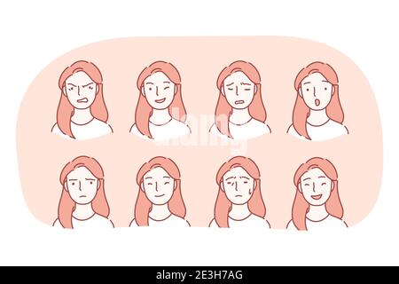 Différentes émotions et variété d'expressions faciales concept. Ensemble de visages féminins exprimant diverses émotions colère, bonheur, frustration, surprise, Illustration de Vecteur