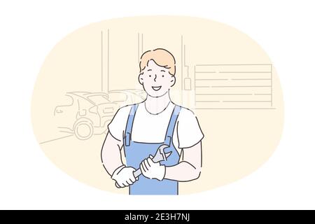 Mécanicien, atelier de réparation automobile, auto-monteur, réparateur, concept de technicien. Jeune réparateur souriant dans le travail uniforme personnage de dessin animé debout wren Illustration de Vecteur