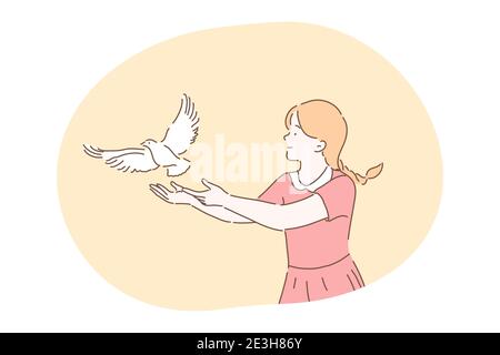 Liberté, paix, harmonie, libération, concept de bonté. Jeune fille souriante personnage de dessin animé dans la robe debout et laissant blanc pigeon oiseau de colombe voler Illustration de Vecteur