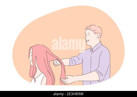 Coiffeur au travail, concept de coiffeur. Jeune homme souriant coiffeur personnage de dessin animé brossage et préparation femme clients cheveux Illustration de Vecteur