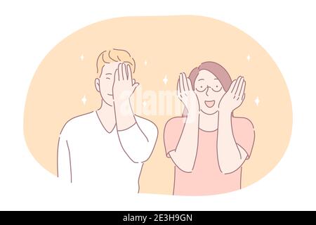 Flirt, embarras dans le concept de couple. Jeunes souriants, filles et garçons, personnages de dessin animé adolescents couvrant les yeux et le visage avec les mains se sentant positif emba Illustration de Vecteur