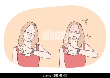 Heure, horloge, montre, être tard concept. Jeune femme d'affaires personnage de dessin animé regardant la montre-bracelet avec la détente, le contrôle et le coup de choc Illustration de Vecteur