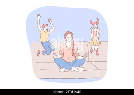 Méditation, relaxation pendant le stress, concept de concentration. Jeune femme mère assise en position lotus avec les yeux fermés et méditant avec le saut Illustration de Vecteur