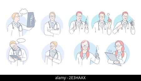 Medicare, soins de santé, médecins et thérapeute pendant le travail concept. Médecins professionnels hommes et femmes personnages de dessin animé en blanc fabrication d'uniforme médical Illustration de Vecteur