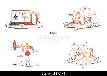 CRM - les personnes communiquant et s'aidant les uns les autres via les ordinateurs portables et l'ensemble de concept de vecteur Internet. Illustration isolée d'une esquisse dessinée à la main Illustration de Vecteur