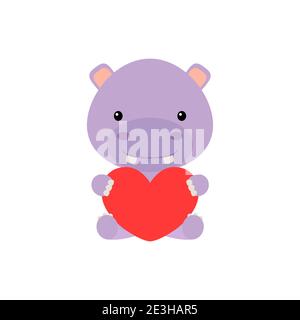 Mignon hippo drôle avec coeur sur fond blanc. Personnage d'animal de bande dessinée pour félicitations avec la Saint-Valentin, carte de voeux, invitation Illustration de Vecteur