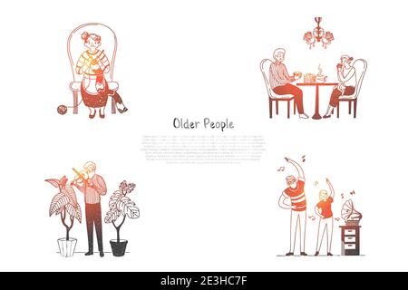 Personnes âgées - personnes âgées tricoter, boire du thé, jouer du violon et faire des exercices avec petits-enfants vecteur concept set. iso d'esquisse dessinée à la main Illustration de Vecteur