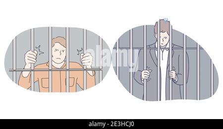 Prison, prison, concept d'arrestation. Jeune en colère malheureux déprimé hommes personnage de bande dessinée debout dans la cellule de prison et essayant de sortir et de sentir la liberté. PRI Illustration de Vecteur