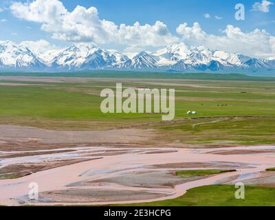 Yourte dans la vallée d'Alaj en face de la chaîne de montagnes Trans - Allay dans les montagnes de Pamir. Asie, Asie centrale, Kirghizistan Banque D'Images