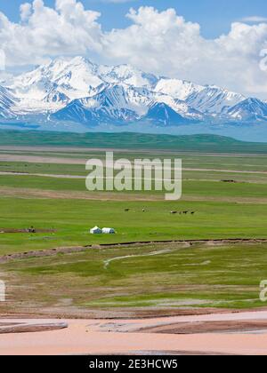 Yourte dans la vallée d'Alaj en face de la chaîne de montagnes Trans - Allay dans les montagnes de Pamir. Asie, Asie centrale, Kirghizistan Banque D'Images