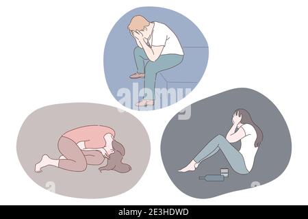 Tristesse, dépression mentale, notion de chagrin. Jeunes malheureux personnes dépressives couvrant des visages avec les mains et souffrant de mauvaises nouvelles et la dépression avec le TH Illustration de Vecteur