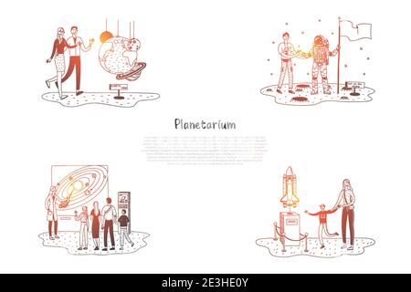 Planétarium - personnes en planétarium regardant des expositions et des présentations vecteur concept set. Illustration isolée d'une esquisse dessinée à la main Illustration de Vecteur