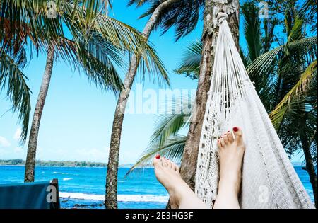 Femme se détendant dans un hamac près de la plage sur un île des caraïbes entourée de palmiers Banque D'Images