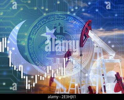 hologramme avec crypto-monnaie bitcoin et graphique sur l'arrière-plan de Le drapeau du Pakistan Banque D'Images