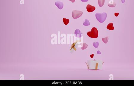 Boîte cadeau ouverte avec coeur en ballon sur fond rose, idée pour la fête des mères, la Saint-Valentin, l'anniversaire, le rendu 3d. Banque D'Images