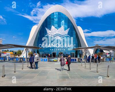 3 mars 2020: Valence, Espagne - l'entrée de l'Oceanografic (El Oceanografico), l'océanographie qui fait partie de la Cité des Arts et des Sciences Banque D'Images