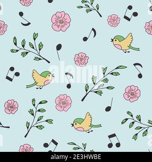 Motif printanier sans coutures avec sakura et oiseaux dans le style des caniche Illustration de Vecteur