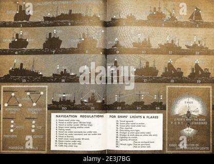 Une carte de la marine marchande des années 1940 illustrant les règlements de navigation concernant l'utilisation des feux et des fusées éclairantes du navire à ce moment-là. Banque D'Images