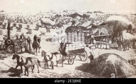 Batteur à vapeur dans le Dakota. Gravure de 1879. Banque D'Images