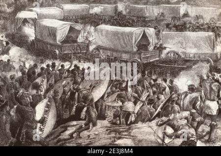La bataille du peuple Zulu avec les Britanniques. Gravure de 1879. Banque D'Images