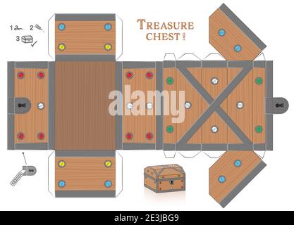 Modèle en papier coffre au Trésor. Découpez-le, pliez-le et collez-le. Gabarit avec pierres précieuses et couvercle pouvant être ouvert. Boîte texturée en bois pour objets précieux. Banque D'Images