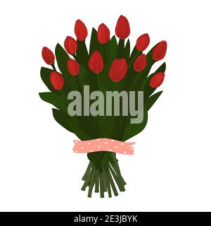 Bouquet de treize tulipes rouges brillantes. Les fleurs sont sous le ruban de washi à motifs roses pour gratter. L'objet est isolé sur fond blanc Illustration de Vecteur
