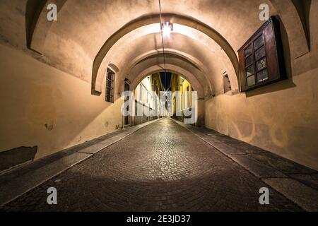 Vue nocturne pittoresque de la vieille rue vide avec une lanterne et une galerie emblématiques pendant le verrouillage des covides, Parme, Emilia Romagna, Italie Banque D'Images