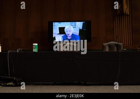 Washington, États-Unis. 19 janvier 2021. NYTINAUG Janet Yellen, candidate du président élu Joe Biden au poste de secrétaire au Trésor, participe à distance à une audience du Comité des finances du Sénat à Washington DC, le 19 janvier 2021. Photo de piscine par Anna Moneymaker/UPI crédit: UPI/Alay Live News Banque D'Images