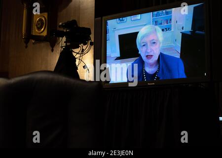 Washington, États-Unis. 19 janvier 2021. NYTINAUG Janet Yellen, candidate du président élu Joe Biden au poste de secrétaire au Trésor, participe à distance à une audience du Comité des finances du Sénat à Washington DC, le 19 janvier 2021. Photo de piscine par Anna Moneymaker/UPI crédit: UPI/Alay Live News Banque D'Images