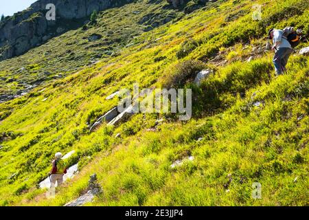 Couple senior randonnée dans les Alpes françaises en été. Vue arrière (personnes non reconnaissables). Accent sélectif sur l'homme. Bien-être des personnes âgées, mode de vie sain, profiter l Banque D'Images